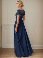 Dark Navy A-Line Boatneck Sequins Chiffon Dress