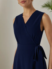 Purplish Blue Bow Lyocell Linen Wrap V Neck Sleeveless A-Line Maxi Dress