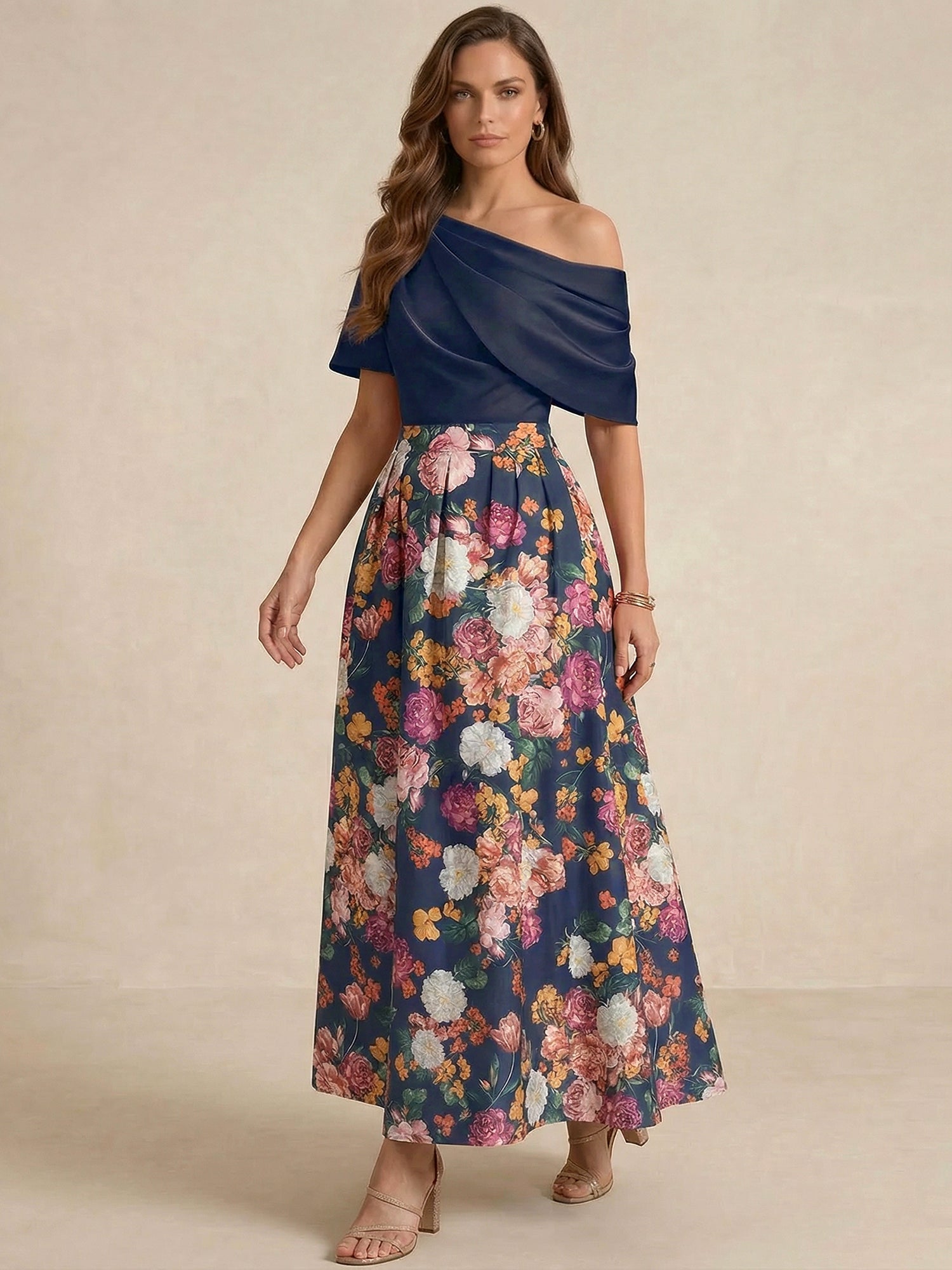 A-line Short Sleeves Pleated Ankle-Length Print Flower Mother of the Bride Dress