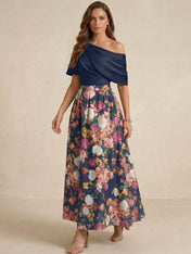 A-line Short Sleeves Pleated Ankle-Length Print Flower Mother of the Bride Dress