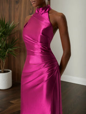 Rose Red Halter Neck Ruched Satin Mock Neck Sleeveless Sheath Gown Dress