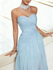 Light Blue Ruched Slit Tulle Strapless Sleeveless A-Line Gown Dress