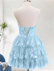 Sparkly Light Blue A Line Corset Tiered Short Homecoming Dress with Lace Up Back