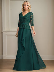 A-line V-Neck Floor-Length Lace Chiffon Mother of the Bride Dress With Dreamylily A-line V-Neck Floor-Length Lace Chiffon Mother of the Bride Dress With Dreamylily