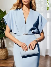 Light Blue Classic V Neck Short Sleeve Dolman Sleeve Sheath Midi Dress