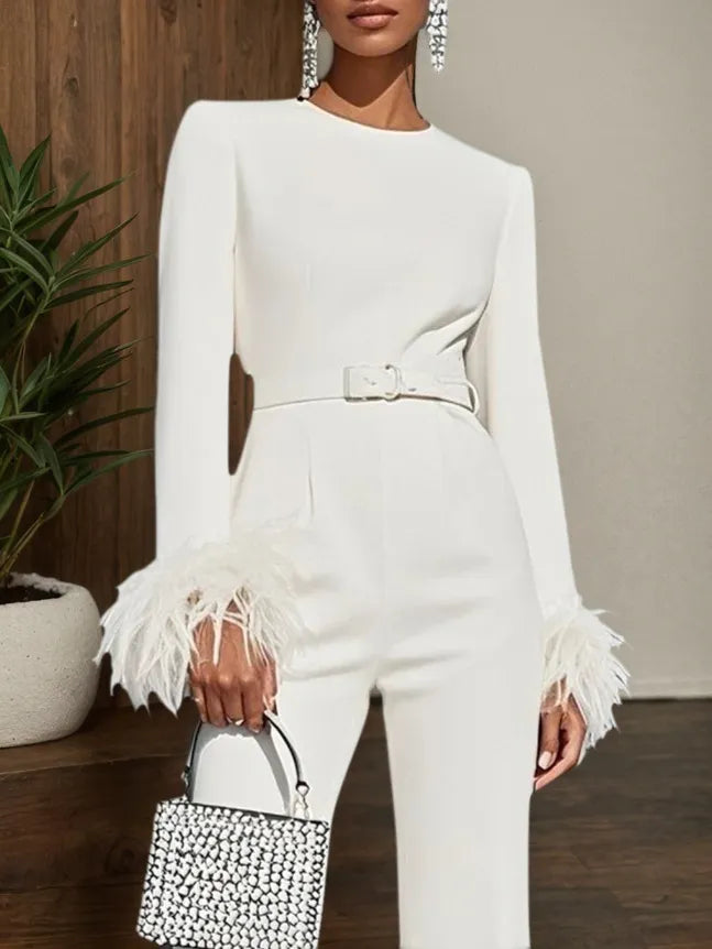Women White Feather-trimmed Crew Neck Long Sleeve Dressy Jumpsuit