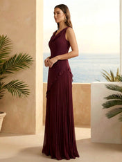 Burgundy V Neck A Line Pleat Maxi Dresses with Ruffle