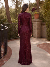 Elegant Burgundy Long Sleeve Sequin Evening Dress with Floral Appliqués