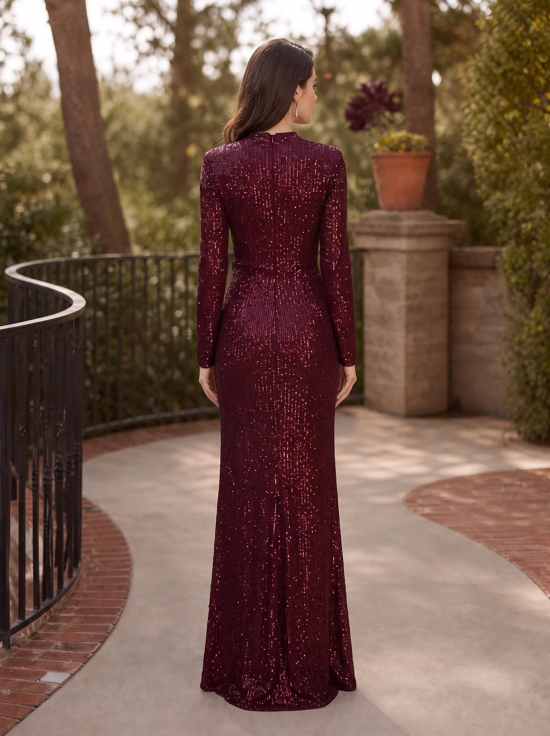 Elegant Burgundy Long Sleeve Sequin Evening Dress with Floral Appliqués