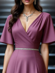 Evening Dress Purple V Neck Belted Maxi Mother of the Bride Dress