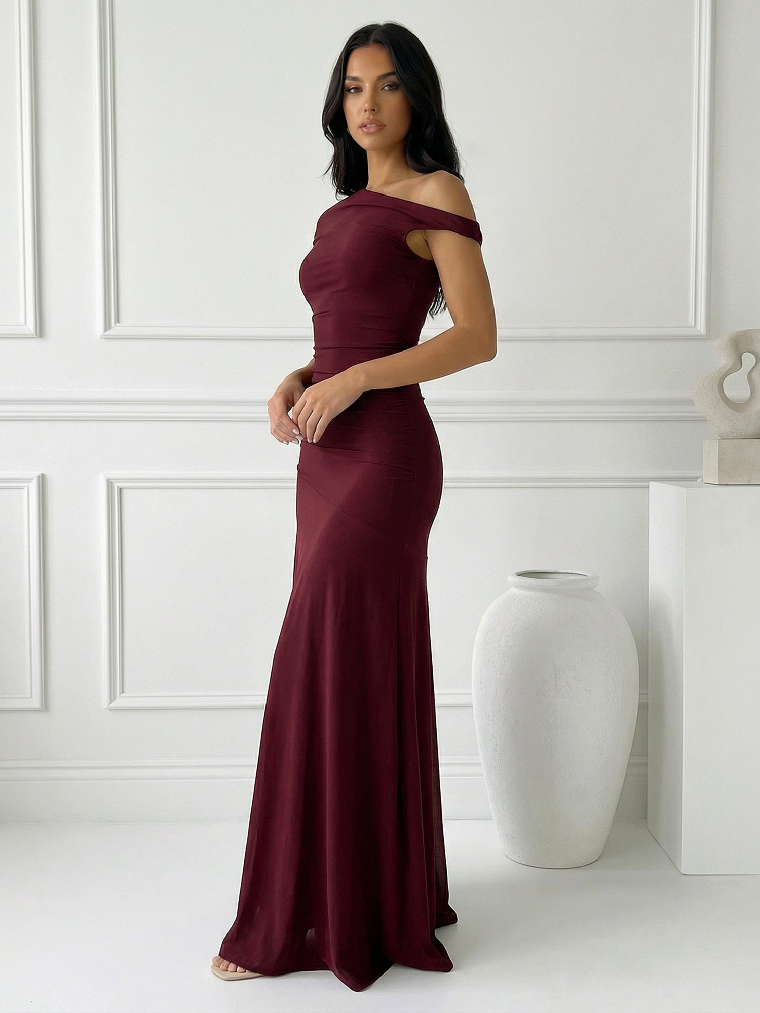 Burgundy One Shoulder Maxi Dresses A Line Evening Dress