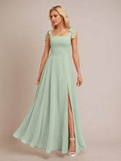 Sage A Line Chiffon Square Neck Floor Length Bridesmaid Dress With Bow