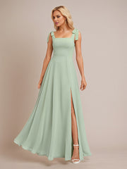 Sage A Line Chiffon Square Neck Floor Length Bridesmaid Dress With Bow
