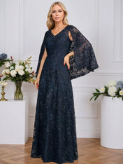 A-line V-Neck Floor-Length Lace Mother of the Bride Dress With Sequins