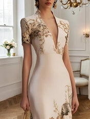 Beige Satin Floral Deep V Neck Short Sleeve Mermaid Gown Dress