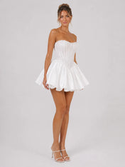 Elegant Strapless Lace Corset Mini Wedding Dress with Flared Satin Skirt and Lace-Up Back