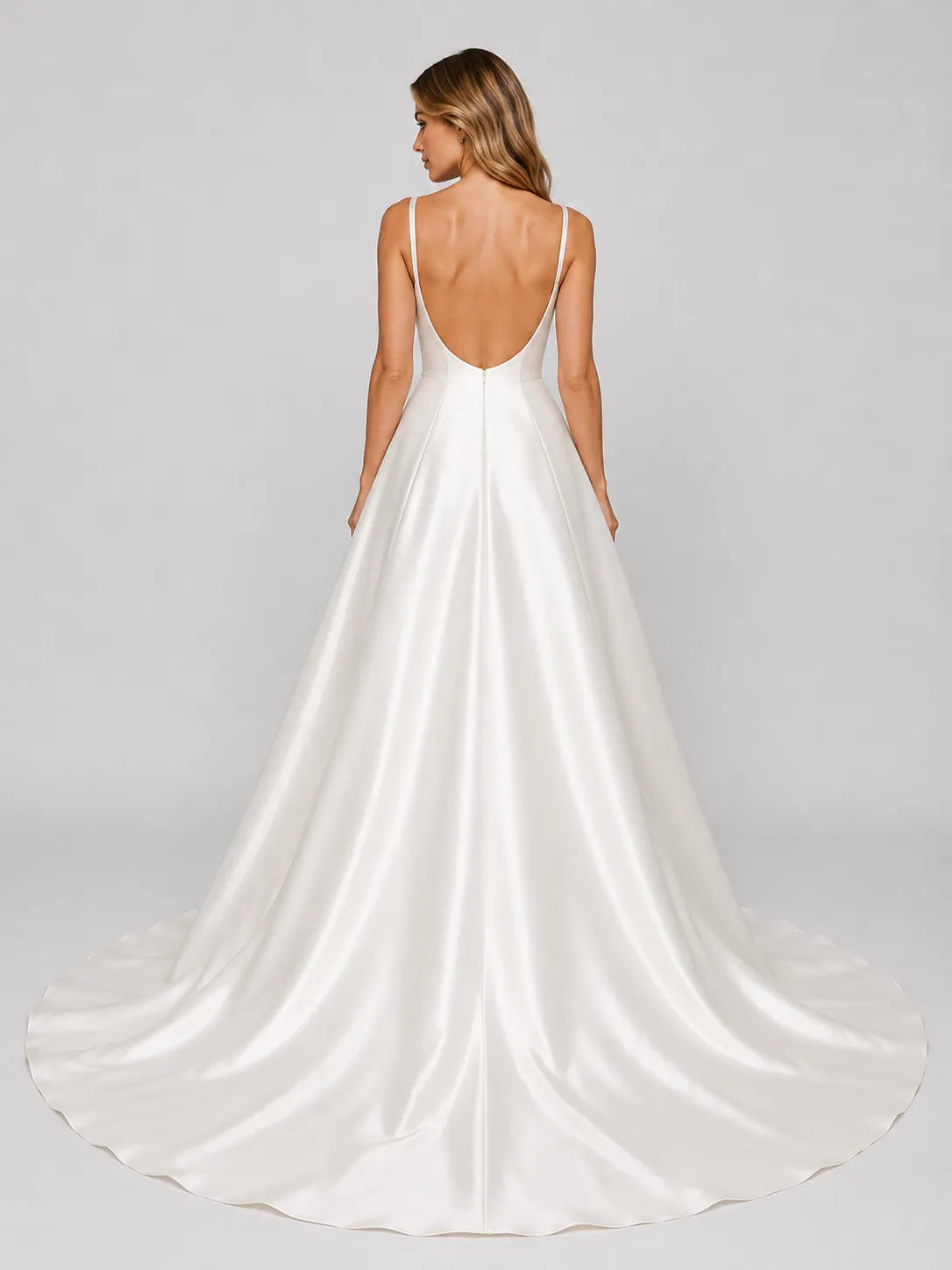 Elegant Square Neck Satin A-Line Wedding Dress with Low Scoop Back and Chapel Train
