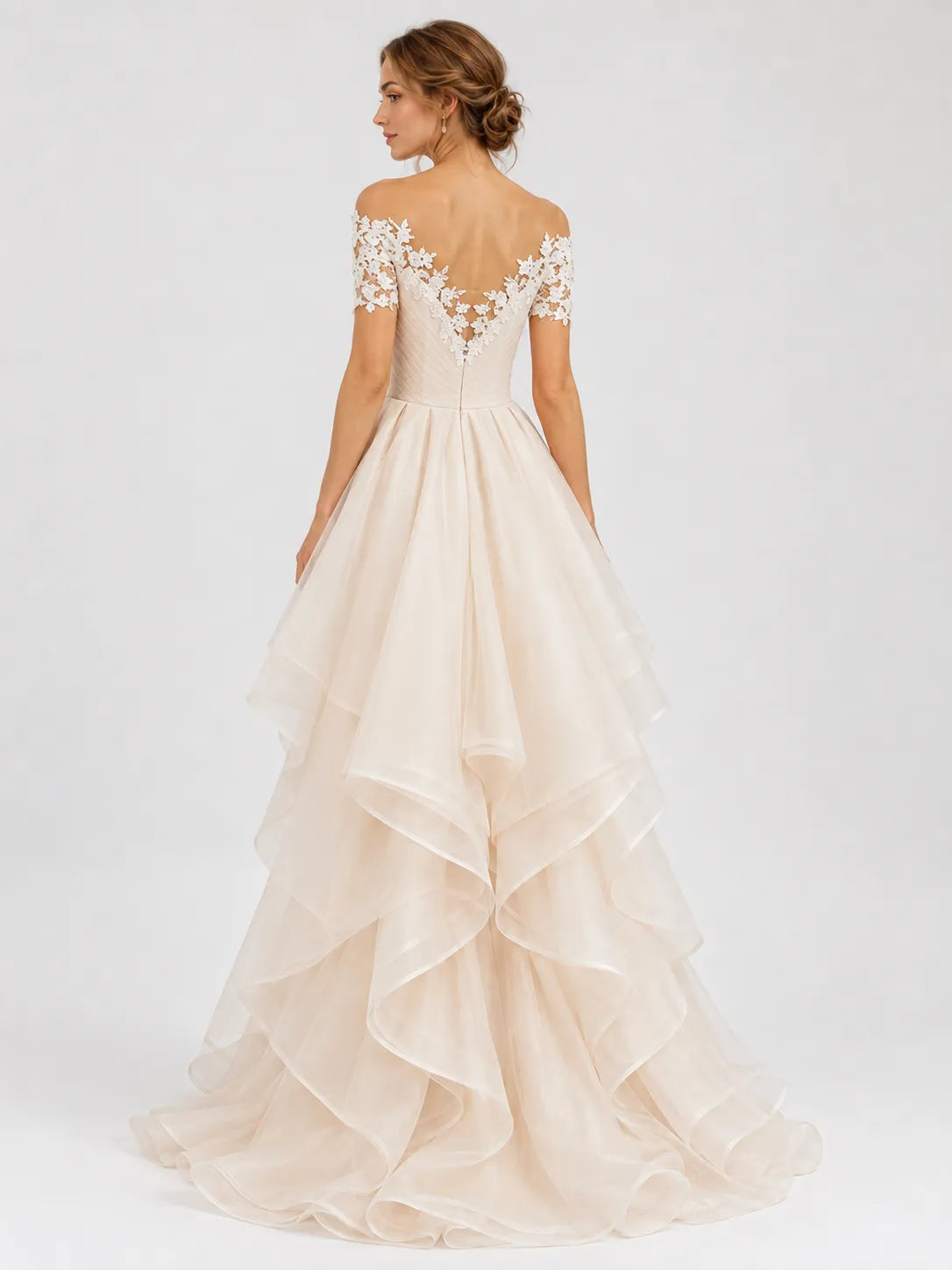 Elegant Off-the-Shoulder Lace High-Low A-Line Wedding Dress with Layered Organza Ruffles