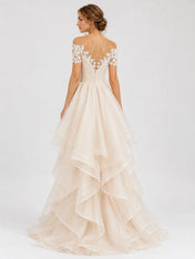 Elegant Off-the-Shoulder Lace High-Low A-Line Wedding Dress with Layered Organza Ruffles