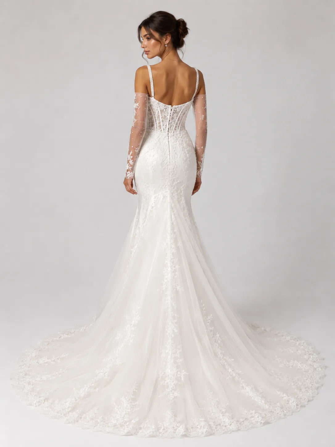 Elegant Pearl Strap Mermaid Wedding Dress with Draped Neckline, Lace Sleeves and Chapel Train