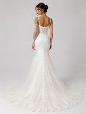 Elegant Pearl Strap Mermaid Wedding Dress with Draped Neckline, Lace Sleeves and Chapel Train