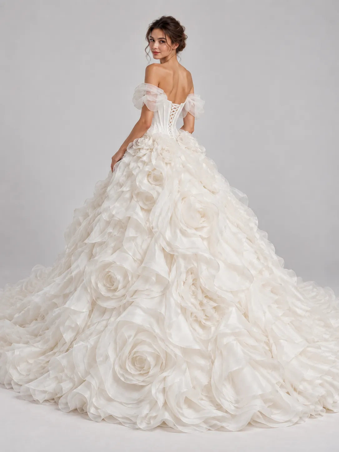 Off-The-Shoulder Sweetheart Ruffled Rose Applique Ball Gown Wedding Dress
