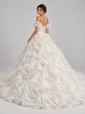 Off-The-Shoulder Sweetheart Ruffled Rose Applique Ball Gown Wedding Dress