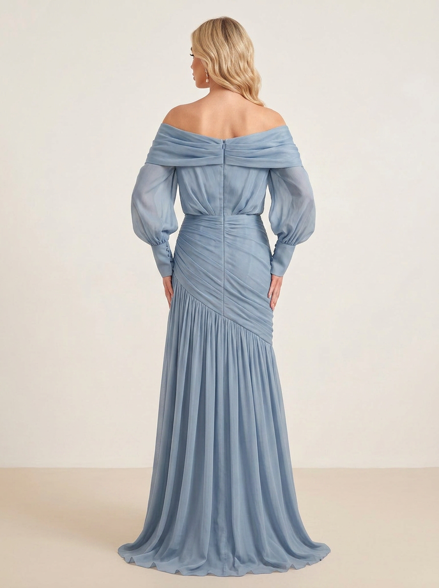 Chiffon Off-The-Shoulder Long-Sleeve Floor-Length Evening Dresses with Pleats
