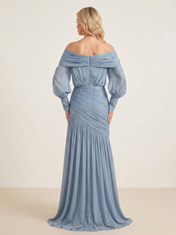 Chiffon Off-The-Shoulder Long-Sleeve Floor-Length Evening Dresses with Pleats