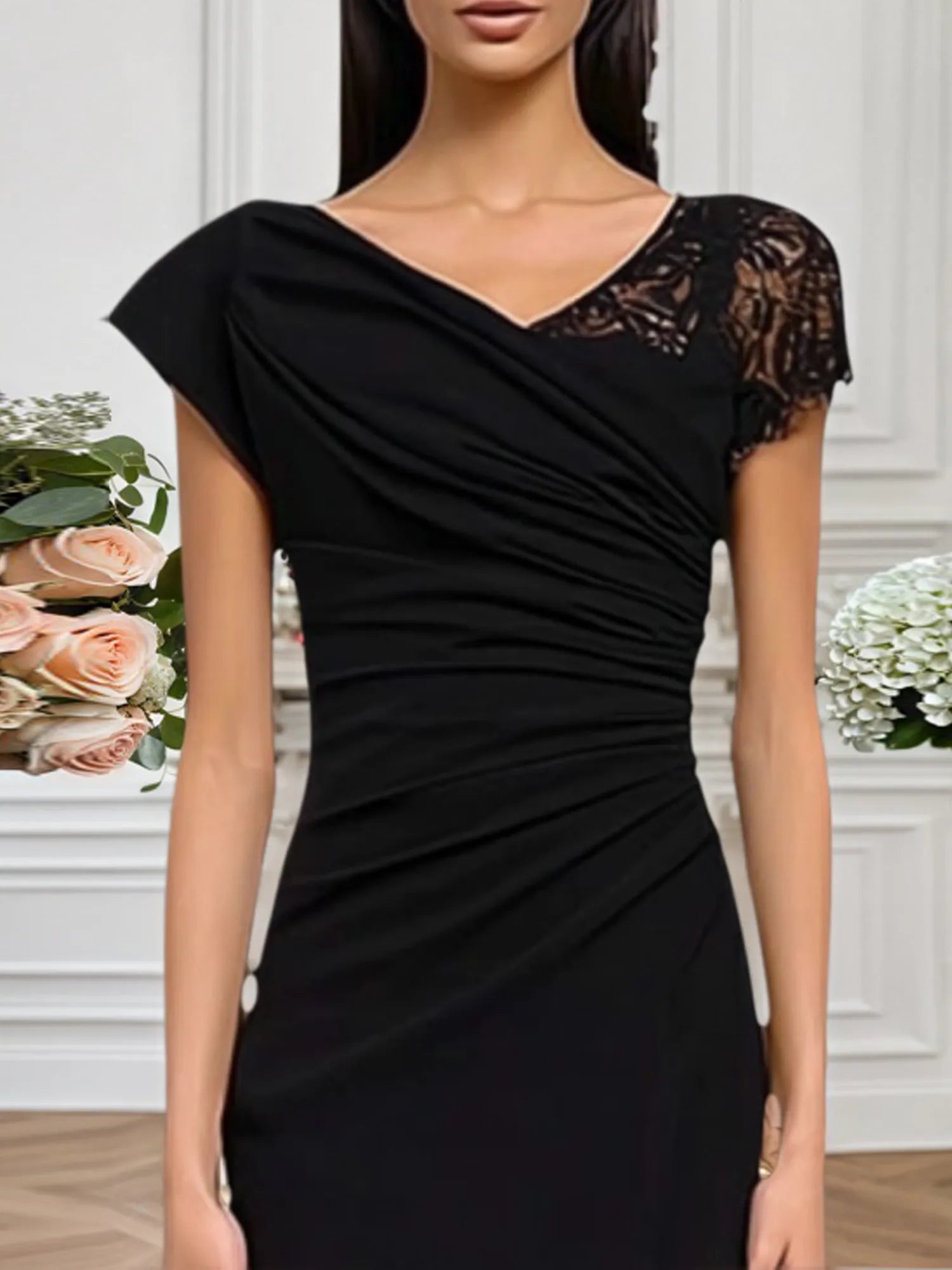 Formal Dress Black V Neck Lace Maxi Dress
