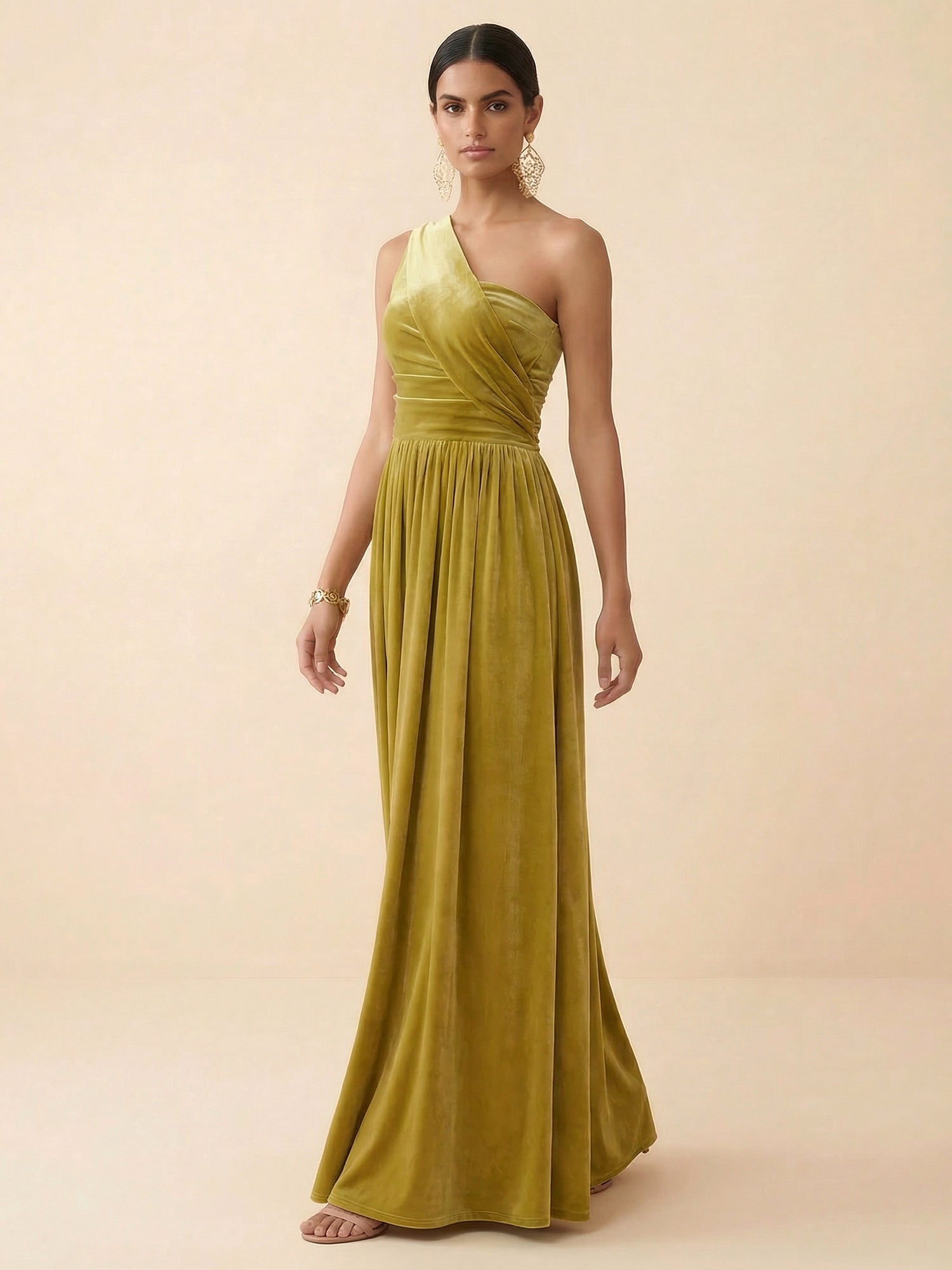 One-Shoulder Velvet Ruched A  Line Evening Gown