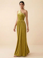 One-Shoulder Velvet Ruched A  Line Evening Gown
