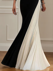 Elegant Formal Evening Work Black&White Dress V Neck Long Sleeves Dress