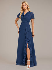 Navy Blue A-Line V Neck Floor-Length Chiffon Bridesmaid Dress With Cascading Ruffles