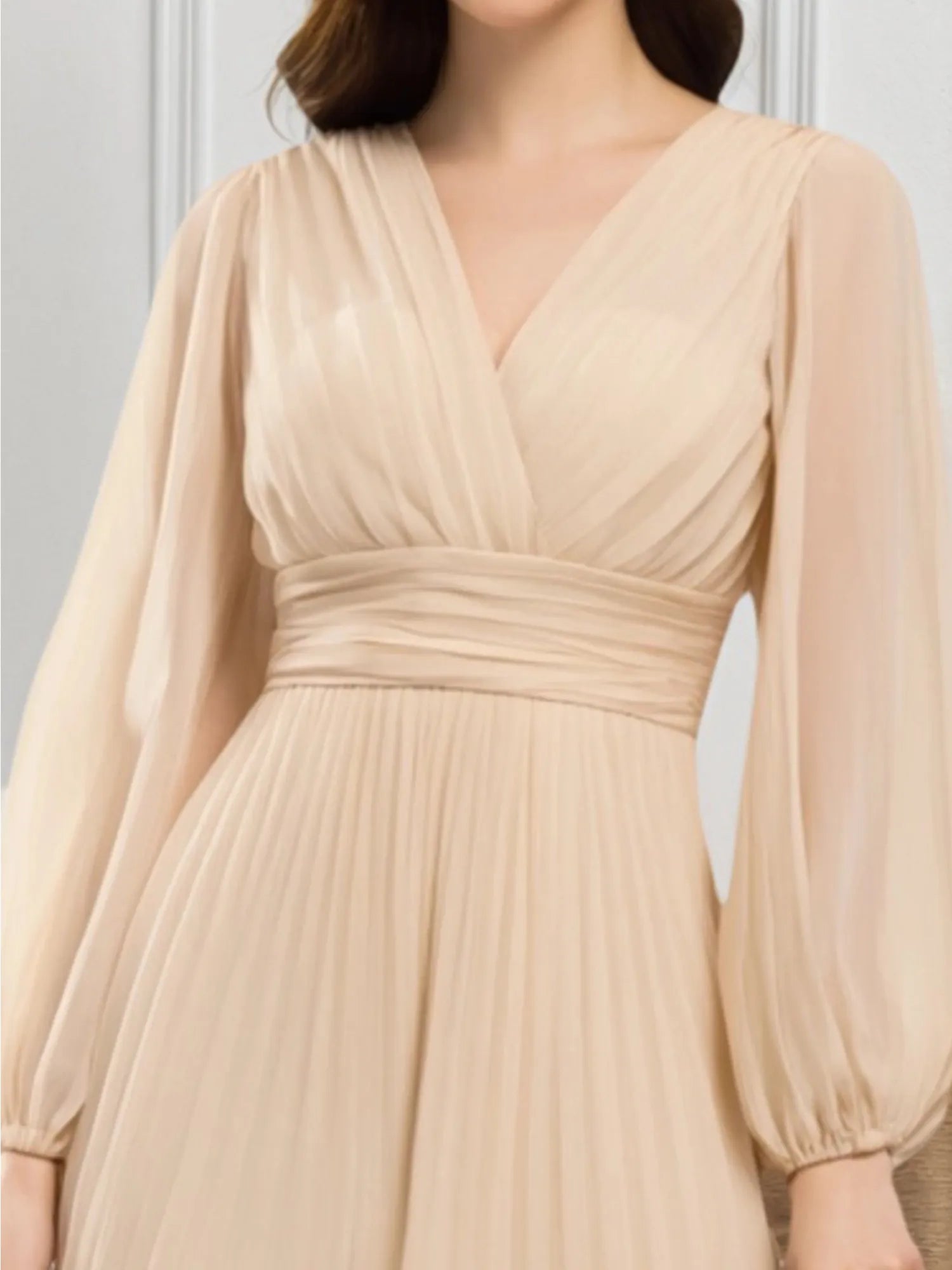 Party Chiffon Dress Beige Pleated V Neck A-Line Midi Dress