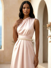 One Shoulder Pleat Satin A Line Evening Dresses with Beads