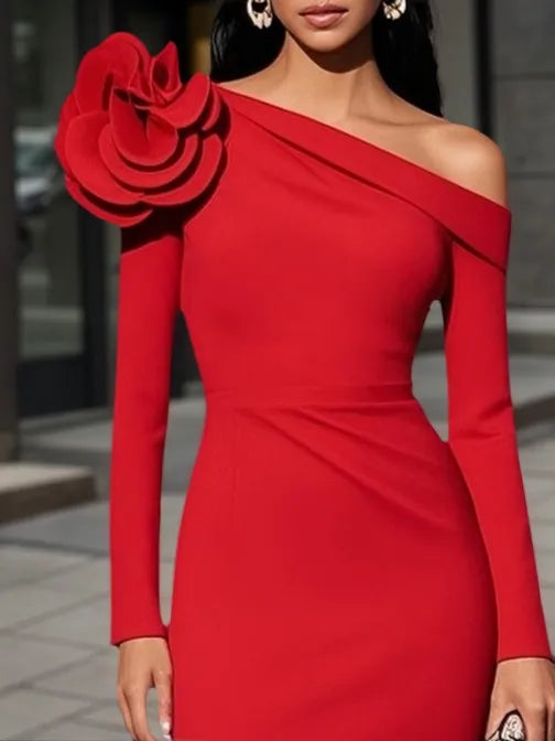 Red 3D Floral Classic One Shoulder Long Sleeve Sheath Midi Dress