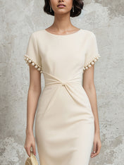 White Stretch Crepe Sheath/Column Short Sleeve Tea Length Dress With Pearls