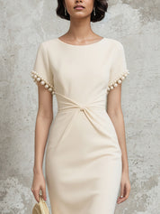 White Stretch Crepe Sheath/Column Short Sleeve Tea Length Dress With Pearls