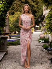 One-Shoulder Ruched Floral Print Sheath Evening Gown with High Slit