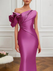 Semi-Formal Satin Dress Purple One-Shoulder Pleated Flower Sleeve Maxi Dress