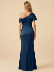 One-Shoulder Draped Satin Mermaid Mother of the Bride Dress Maxi Dress