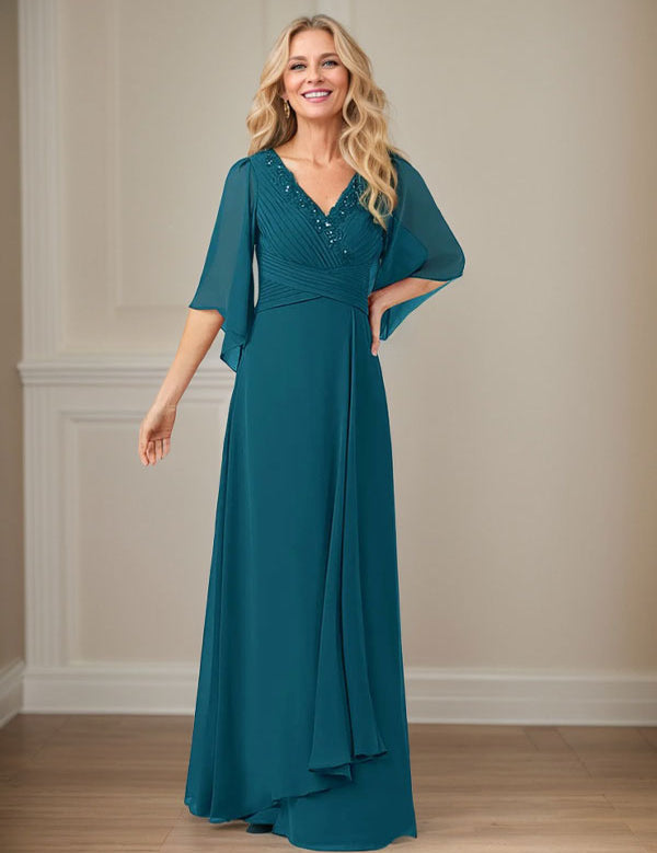 Robe mère de la mariée longue en mousseline à paillettes et col en V