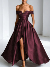 Formal Dress A Line Satin Off The Shoulder Slit Maxi Dress
