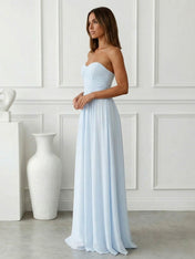 Light Blue Sweetheart Chiffon A Line Maxi Dress with Pleat