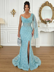 Glamorous Ice Blue One-Shoulder Sequin Corset Mermaid Prom Dresses with Slit