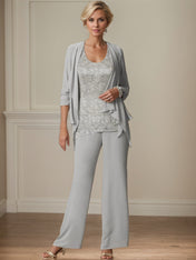 Elegant Scoop Neck Ankle Length Chiffon Mother of the Bride Pantsuits