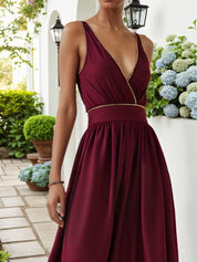 Wine Red Rhinestone Classic V Neck Sleeveless A-Line Maxi Dress