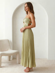 Sage Sweetheart Satin A Line Pleat Maxi Dresses Hollowed
