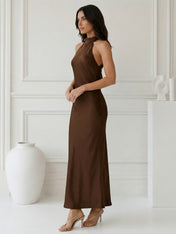 Brown Halter Neck Mermaid Satin Maxi Dress Tea Length